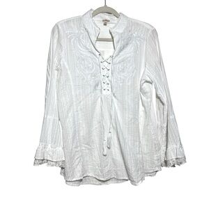 Reba Western Blouse White Striped Bell Sleeve Long Sleeve With Tie Front